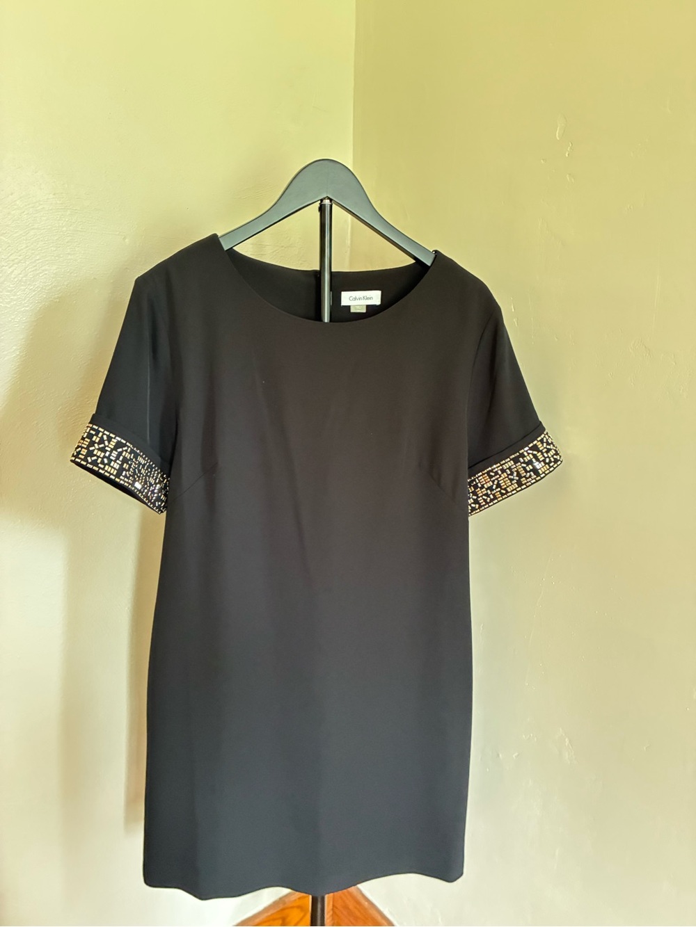 Calvin Klein Black Short-Sleeve Shift Dress with Embellished Cuffs